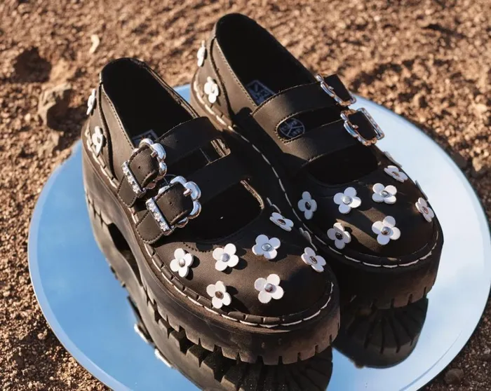 Black and White TUKskin Flower Double Decker Mary Jane Women TUK Shoes Platforms Black and White TUKskin Flower Double Decker Mary Jane Women TUK Shoes Platforms