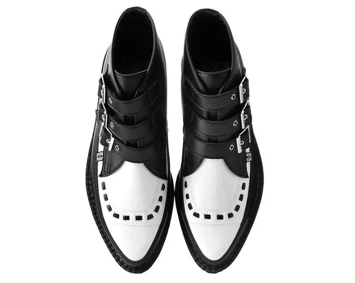 Black and White TUKskin Vegan 3Buckle Pointed Creeper Boot Women TUK Shoes Vegan Black and White TUKskin Vegan 3Buckle Pointed Creeper Boot Women TUK Shoes Vegan