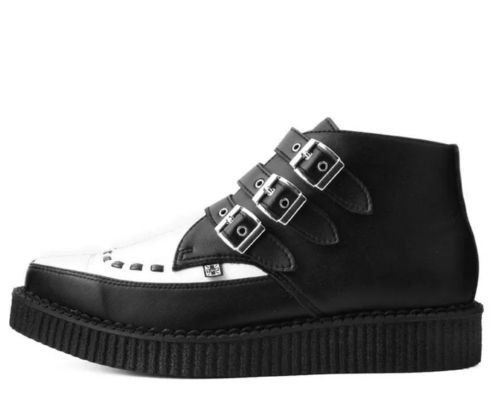 Black and White TUKskin Vegan 3Buckle Pointed Creeper Boot Women TUK Shoes Vegan Black and White TUKskin Vegan 3Buckle Pointed Creeper Boot Women TUK Shoes Vegan
