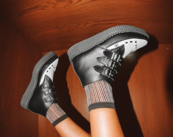 Black and White TUKskin Vegan 3Buckle Pointed Creeper Boot Women TUK Shoes Vegan Black and White TUKskin Vegan 3Buckle Pointed Creeper Boot Women TUK Shoes Vegan