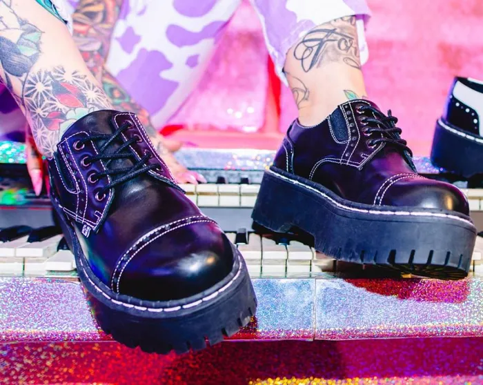 Black Burnished Contrast Stitch Double Decker Brogue Women TUK Shoes Vegan Black Burnished Contrast Stitch Double Decker Brogue Women TUK Shoes Vegan