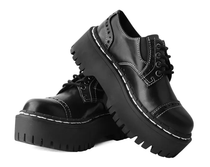 Black Burnished Contrast Stitch Double Decker Brogue Women TUK Shoes Vegan Black Burnished Contrast Stitch Double Decker Brogue Women TUK Shoes Vegan