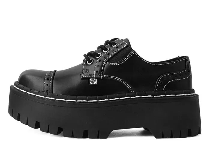 Black Burnished Contrast Stitch Double Decker Brogue Women TUK Shoes Vegan Black Burnished Contrast Stitch Double Decker Brogue Women TUK Shoes Vegan
