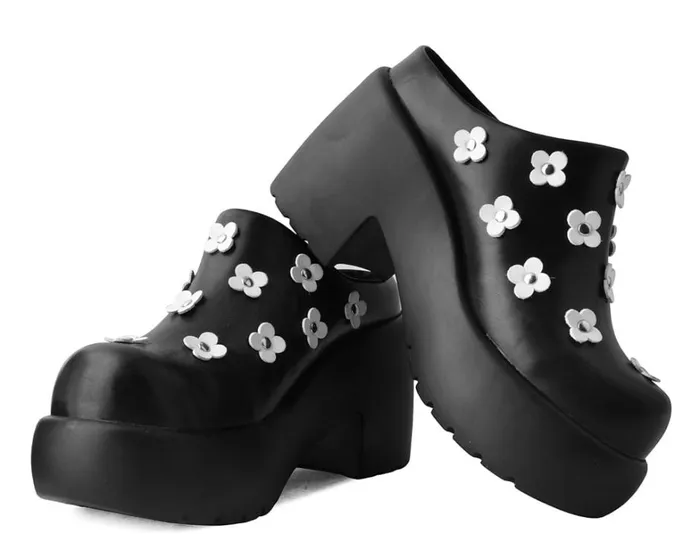 Black Burnished White Flower Anarchic Bubble Clog Women TUK Shoes Platforms Black Burnished White Flower Anarchic Bubble Clog Women TUK Shoes Platforms