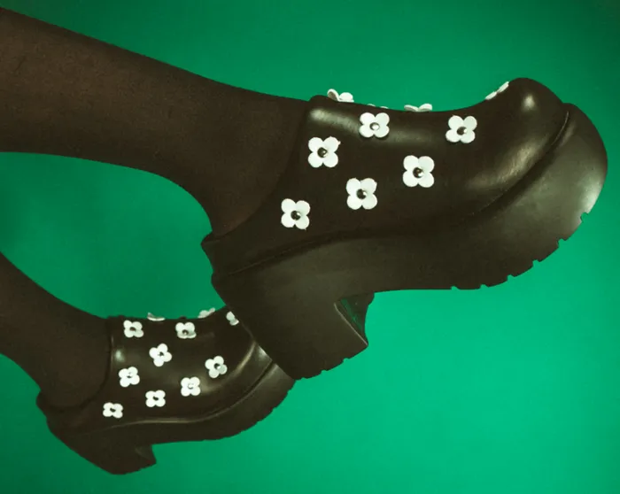 Black Burnished White Flower Anarchic Bubble Clog Women TUK Shoes Platforms Black Burnished White Flower Anarchic Bubble Clog Women TUK Shoes Platforms