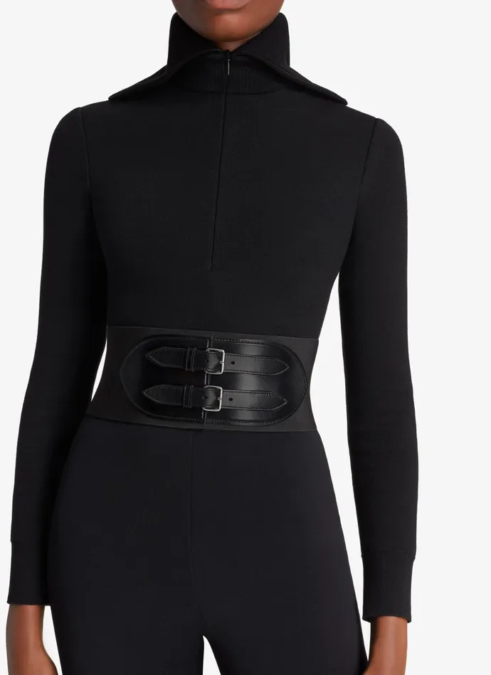 Black Corset Elastique Belt Calfskin Women Alaa Corset Belts