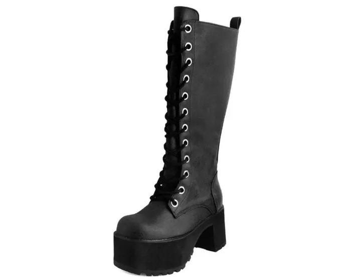 Black Distressed KneeHigh Vegan Nosebleed Boots Women TUK Shoes Boots
