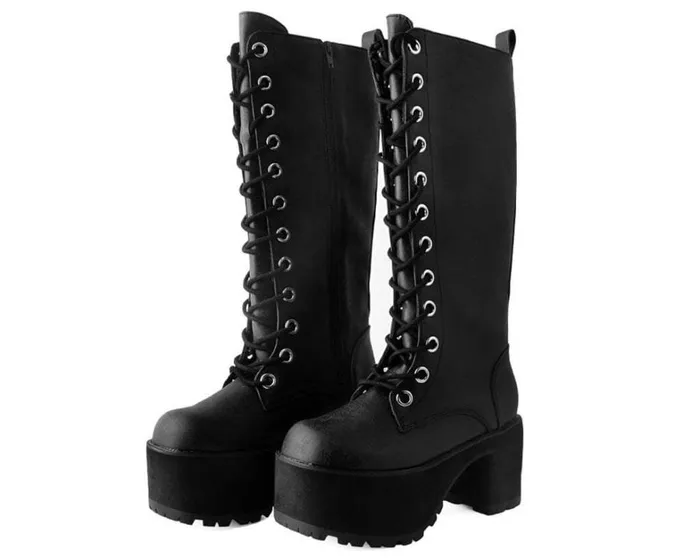 Black Distressed KneeHigh Vegan Nosebleed Boots Women TUK Shoes Boots Black Distressed KneeHigh Vegan Nosebleed Boots Women TUK Shoes Boots