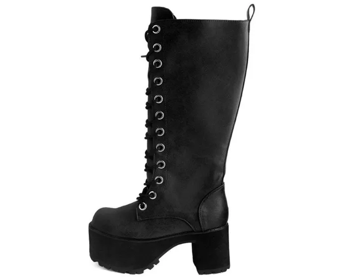 Black Distressed KneeHigh Vegan Nosebleed Boots Women TUK Shoes Boots Black Distressed KneeHigh Vegan Nosebleed Boots Women TUK Shoes Boots