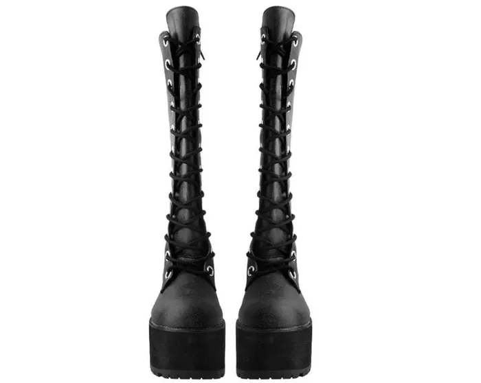 Black Distressed KneeHigh Vegan Nosebleed Boots Women TUK Shoes Boots Black Distressed KneeHigh Vegan Nosebleed Boots Women TUK Shoes Boots