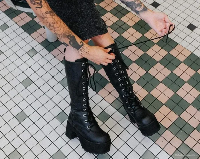 Black Distressed KneeHigh Vegan Nosebleed Boots Women TUK Shoes Boots Black Distressed KneeHigh Vegan Nosebleed Boots Women TUK Shoes Boots