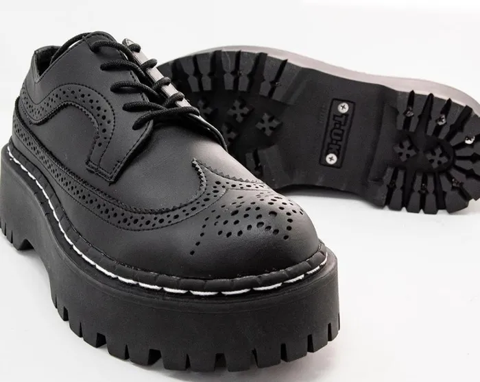 Black Double Decker Brogue Women TUK Shoes Vegan Black Double Decker Brogue Women TUK Shoes Vegan