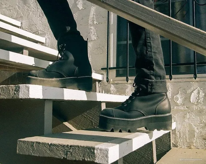 Black Faux Leather 7Eyelet Dino Lug Sole Boots Men TUK Shoes Boots