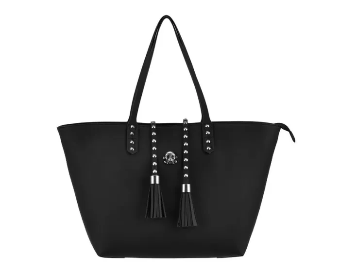 Black Faux Leather Studded Tassel Tote Bag Adult TUK Shoes Stickers Pins Patches Totes Black Faux Leather Studded Tassel Tote Bag Adult TUK Shoes Stickers Pins Patches Totes