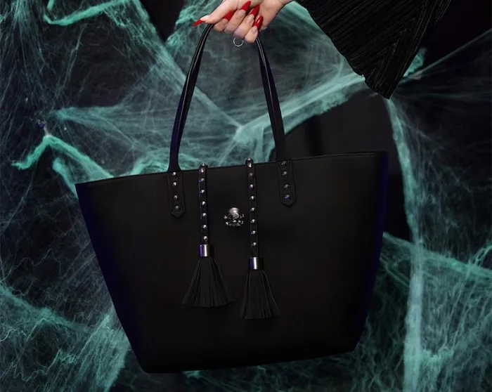 Black Faux Leather Studded Tassel Tote Bag Adult TUK Shoes Stickers Pins Patches Totes Black Faux Leather Studded Tassel Tote Bag Adult TUK Shoes Stickers Pins Patches Totes