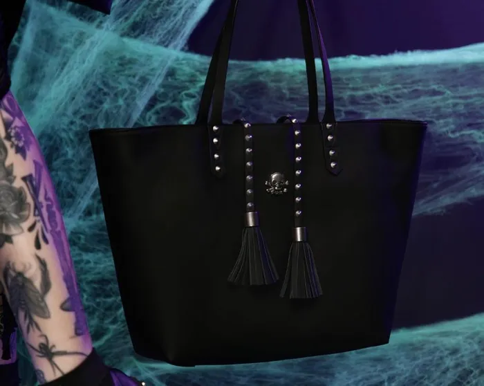 Black Faux Leather Studded Tassel Tote Bag Adult TUK Shoes Stickers Pins Patches Totes Black Faux Leather Studded Tassel Tote Bag Adult TUK Shoes Stickers Pins Patches Totes