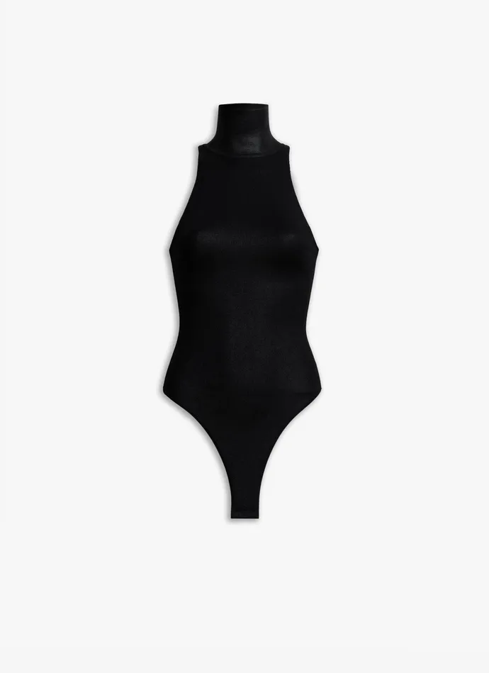 Black HIGH NECK COATED BODY Women Alaa Bodysuits and Leggings
