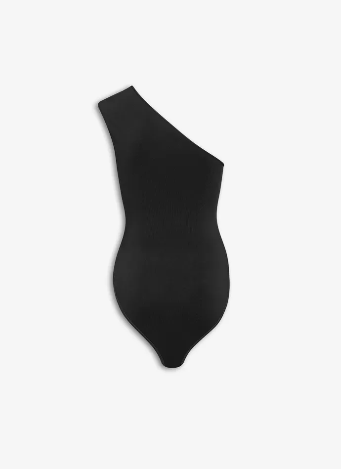 Black ONE SHOULDER BODY IN STRETCH KNIT Women Alaa Bodysuits and Leggings