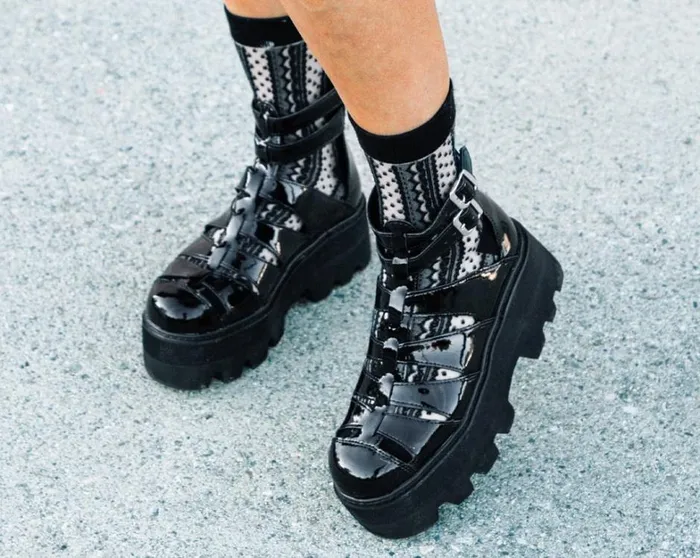 Black Patent Gladiator Dino Lug Sandal Women TUK Shoes Platforms