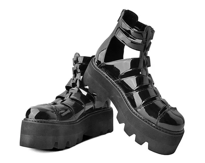 Black Patent Gladiator Dino Lug Sandal Women TUK Shoes Platforms