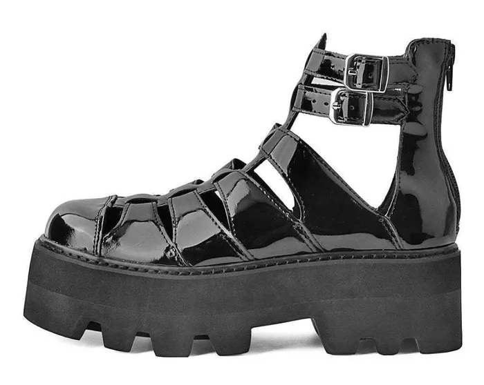 Black Patent Gladiator Dino Lug Sandal Women TUK Shoes Platforms