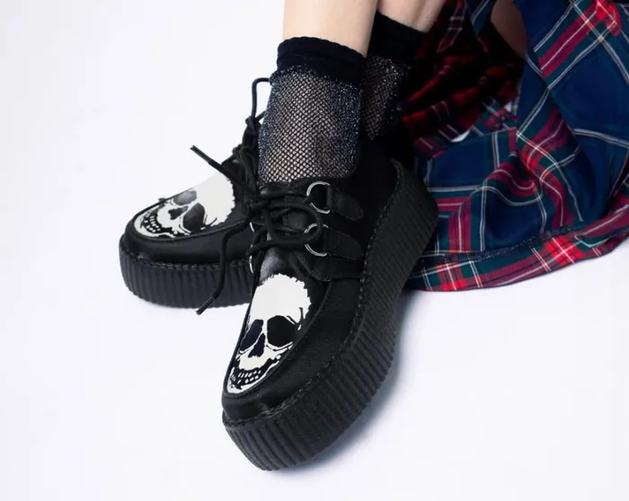 Black Satin Glow Skull Viva Mondo Creeper Men TUK Shoes Vegan
