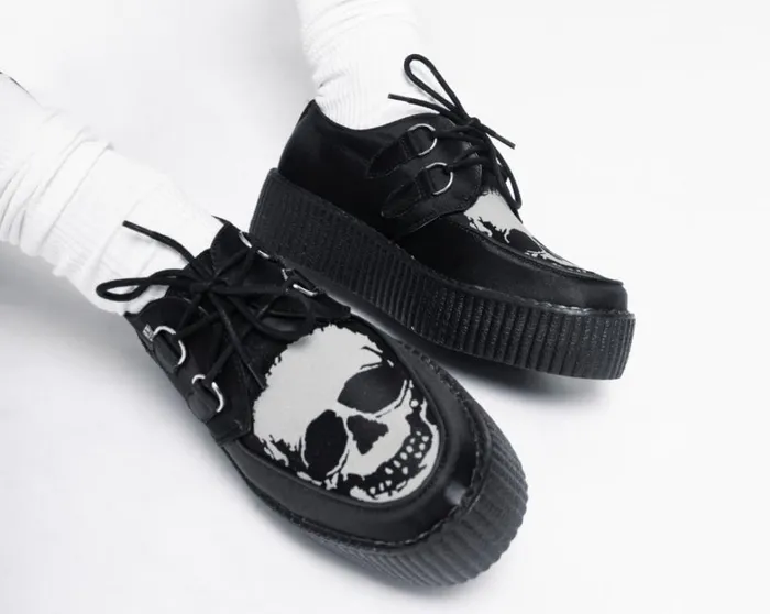 Black Satin Glow Skull Viva Mondo Creeper Men TUK Shoes Vegan