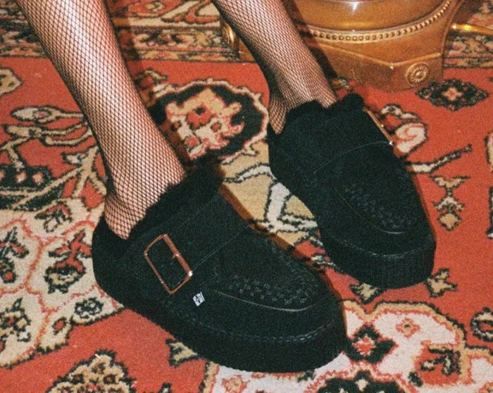 Black Suede Wool Creeper Mule Women TUK Shoes Platforms