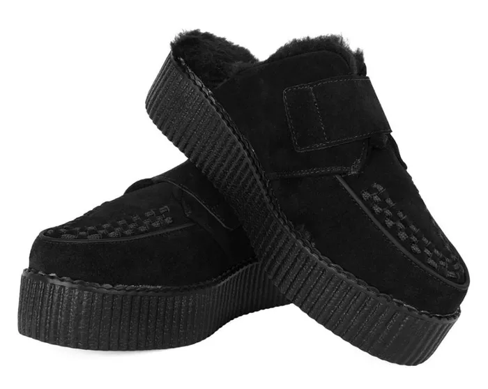 Black Suede Wool Creeper Mule Women TUK Shoes Platforms