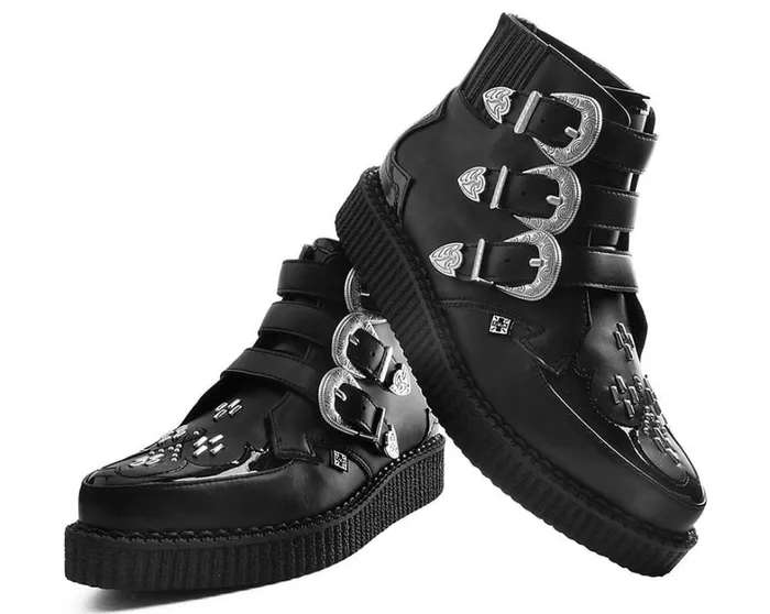 Black TUKskin Western Vegan 3Buckle Pointed Creeper Boots Women TUK Shoes Vegan Black TUKskin Western Vegan 3Buckle Pointed Creeper Boots Women TUK Shoes Vegan