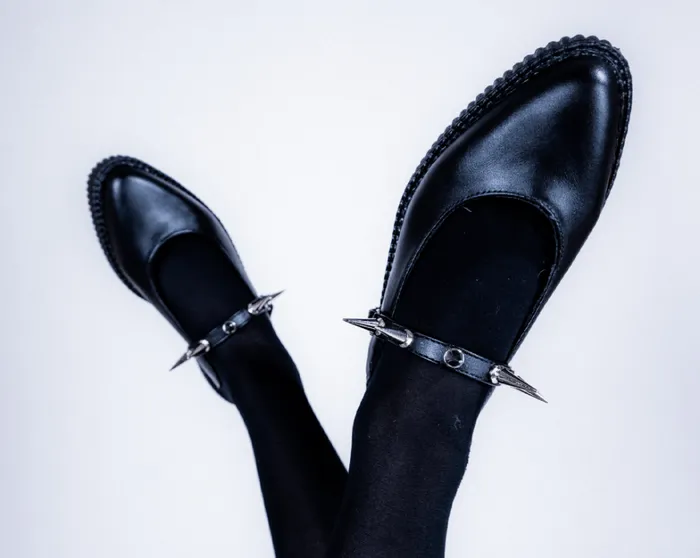 Black Vegan Tukskin Spike Strap Pointed Mule Creeper Shoe Women TUK Shoes Mary Janes Black Vegan Tukskin Spike Strap Pointed Mule Creeper Shoe Women TUK Shoes Mary Janes