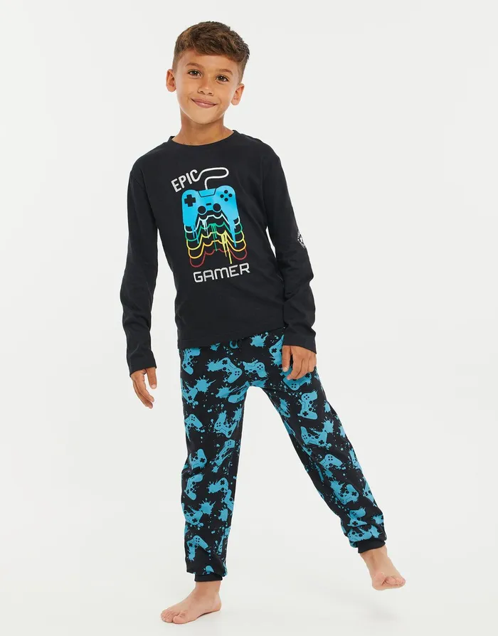 Boys Black Gamer Print Long Pyjamas 2Piece Set Black Threadbare Pyjamas
