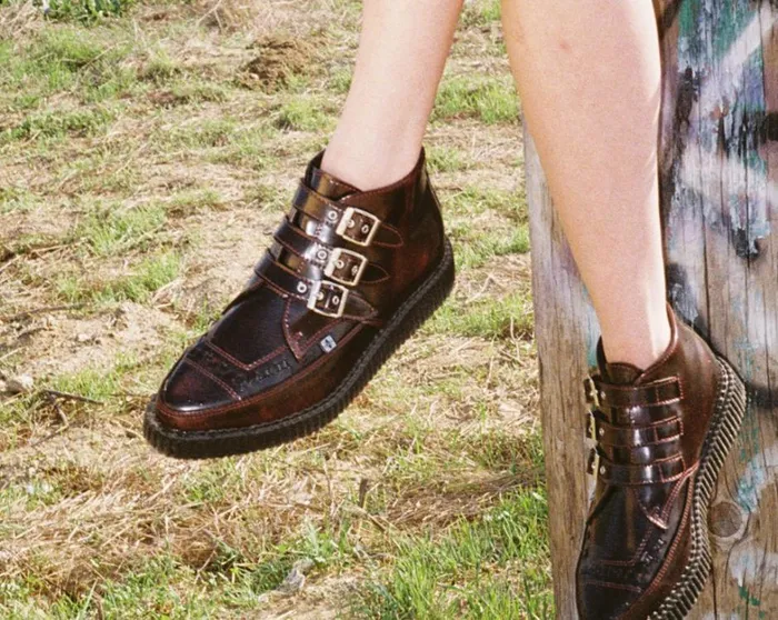 Burgundy RubOff 3Buckle Pointed Creeper Boot Women TUK Shoes Vegan Burgundy RubOff 3Buckle Pointed Creeper Boot Women TUK Shoes Vegan