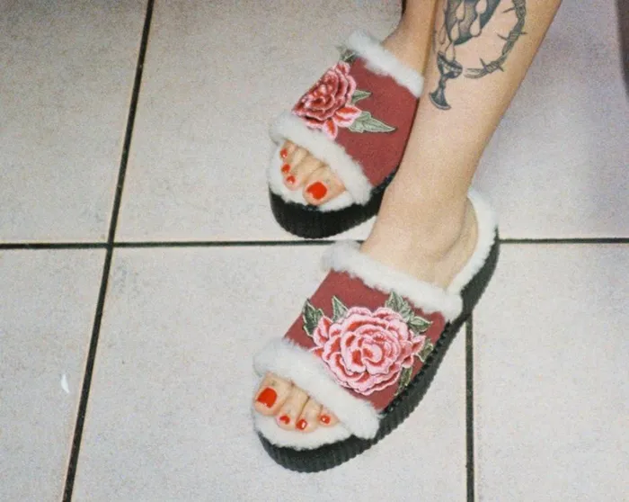 Burgundy Wool Flower Slide Women TUK Shoes Sandals Burgundy Wool Flower Slide Women TUK Shoes Sandals