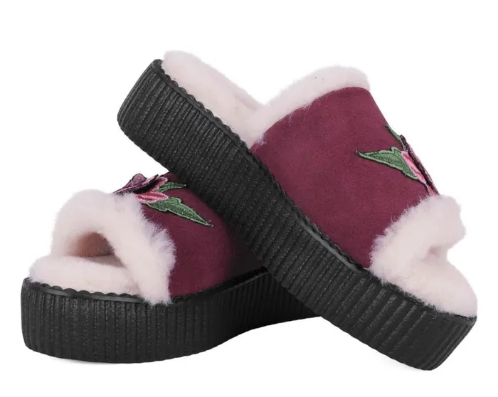 Burgundy Wool Flower Slide Women TUK Shoes Sandals Burgundy Wool Flower Slide Women TUK Shoes Sandals