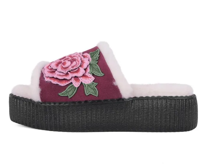 Burgundy Wool Flower Slide Women TUK Shoes Sandals Burgundy Wool Flower Slide Women TUK Shoes Sandals