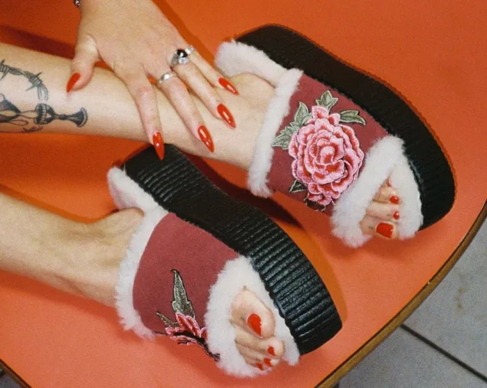 Burgundy Wool Flower Slide Women TUK Shoes Sandals Burgundy Wool Flower Slide Women TUK Shoes Sandals