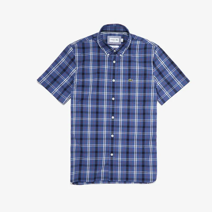 Button Down Shirts Lacoste Mens Short Sleeve Stretch Plaid Poplin Shirt BlueNavy BlueBordeaux USA Button Down Shirts Lacoste Mens Short Sleeve Stretch Plaid Poplin Shirt BlueNavy BlueBordeaux USA