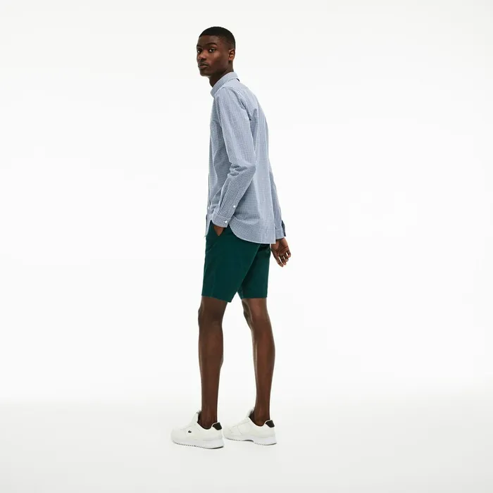 Button Down Shirts Lacoste Mens Slim Fit Gingham Stretch Cotton Poplin Shirt BlueWhite Popular