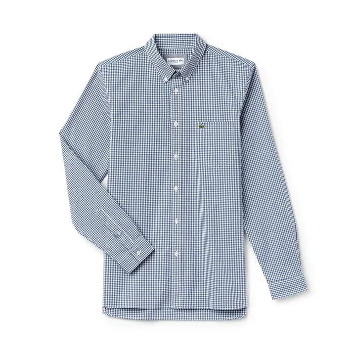 Button Down Shirts Lacoste Mens Slim Fit Gingham Stretch Cotton Poplin Shirt BlueWhite Popular