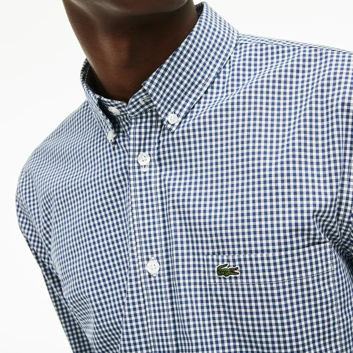 Button Down Shirts Lacoste Mens Slim Fit Gingham Stretch Cotton Poplin Shirt BlueWhite Popular