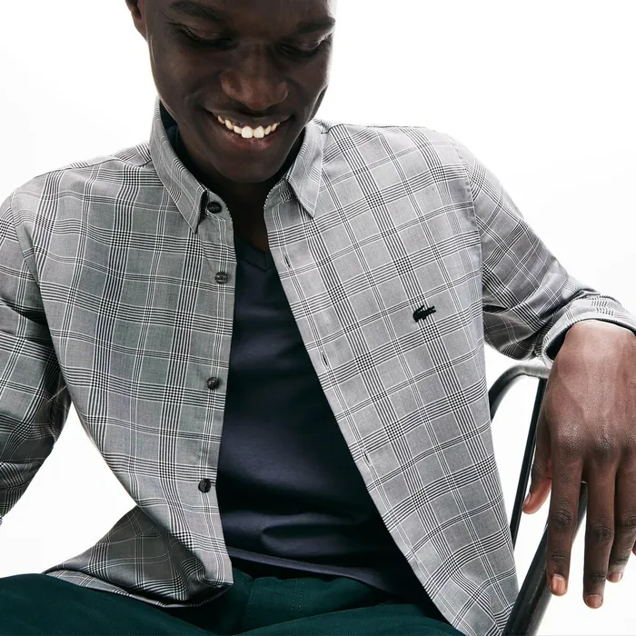 Button Down Shirts Lacoste Mens Slim Fit Glen Plaid Cotton Shirt BlackWhite Casaul Button Down Shirts Lacoste Mens Slim Fit Glen Plaid Cotton Shirt BlackWhite Casaul