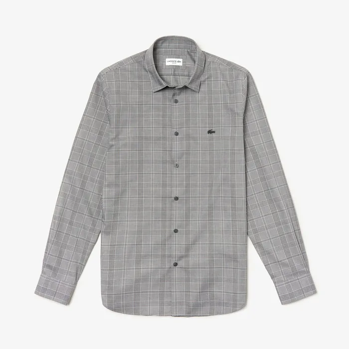 Button Down Shirts Lacoste Mens Slim Fit Glen Plaid Cotton Shirt BlackWhite Casaul