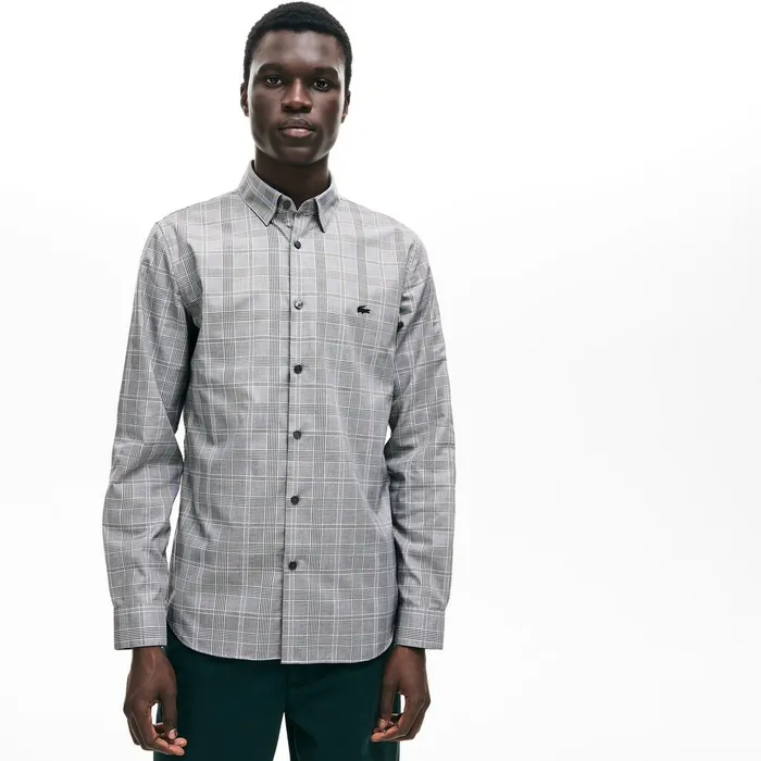 Button Down Shirts Lacoste Mens Slim Fit Glen Plaid Cotton Shirt BlackWhite Casaul