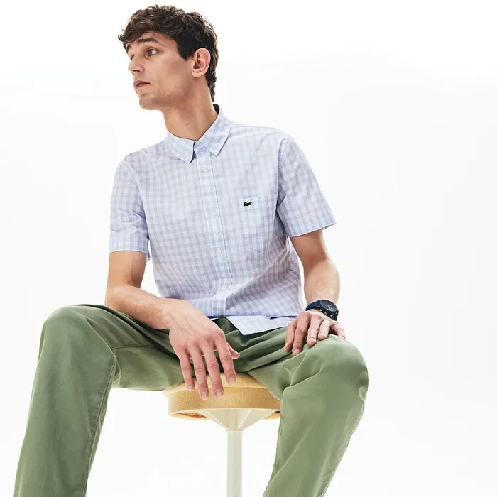 Button Down Shirts Lacoste Mens Slim Fit ShortSleeve Wool Shirt WhiteLight Blue Shop Online Button Down Shirts Lacoste Mens Slim Fit ShortSleeve Wool Shirt WhiteLight Blue Shop Online