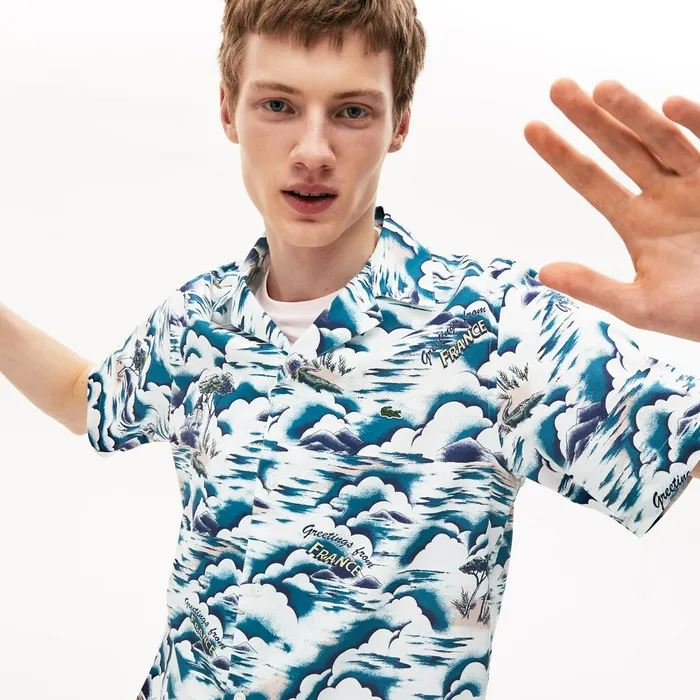 Button Down Shirts Lacoste Mens Southern France Print Cotton Hawaiian Fit Shirt BlueLight PinkWhite Outlet