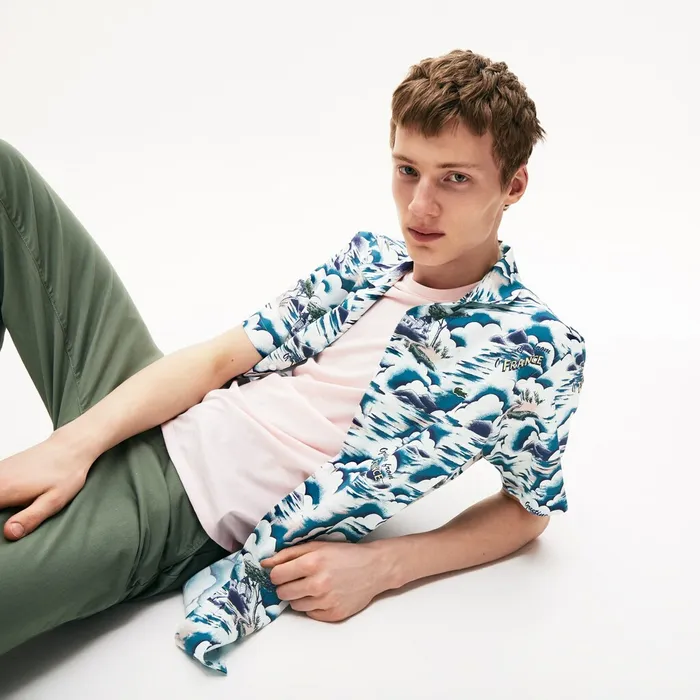 Button Down Shirts Lacoste Mens Southern France Print Cotton Hawaiian Fit Shirt BlueLight PinkWhite Outlet