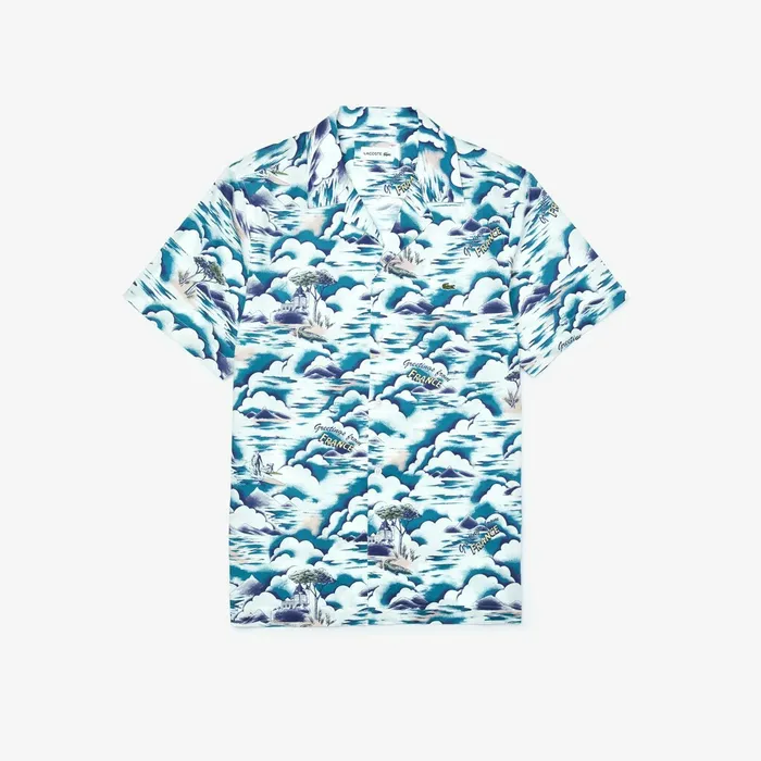 Button Down Shirts Lacoste Mens Southern France Print Cotton Hawaiian Fit Shirt BlueLight PinkWhite Outlet
