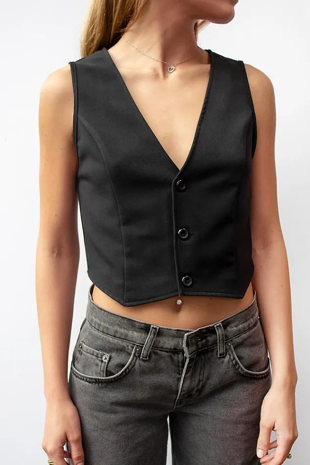 Button Up Vest Women Subdued Tops
