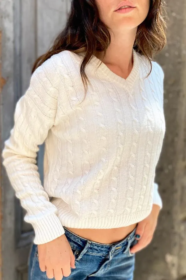 CableKnit V Neck Sweater Women Subdued Sweaters
